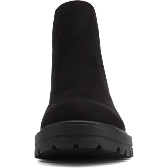 Women Black Suede Lug Sole Low Chunky Heel Chelsea Double Elastic Ankle Booties - Picture 3 of 4